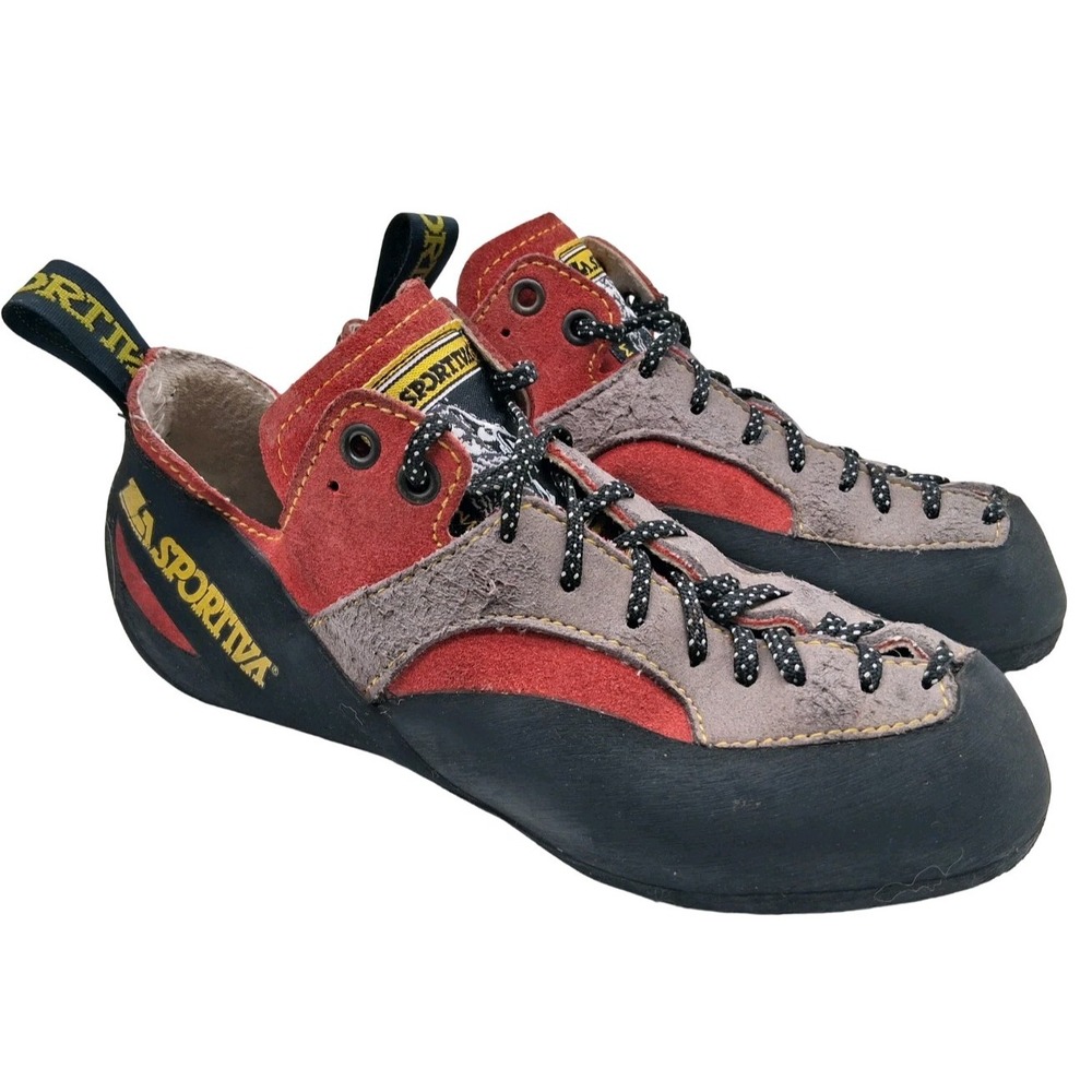 La Sportiva Rock Climbing Shoes EU 37.5 Gray Red Suede Lace Up Bouldering Gym